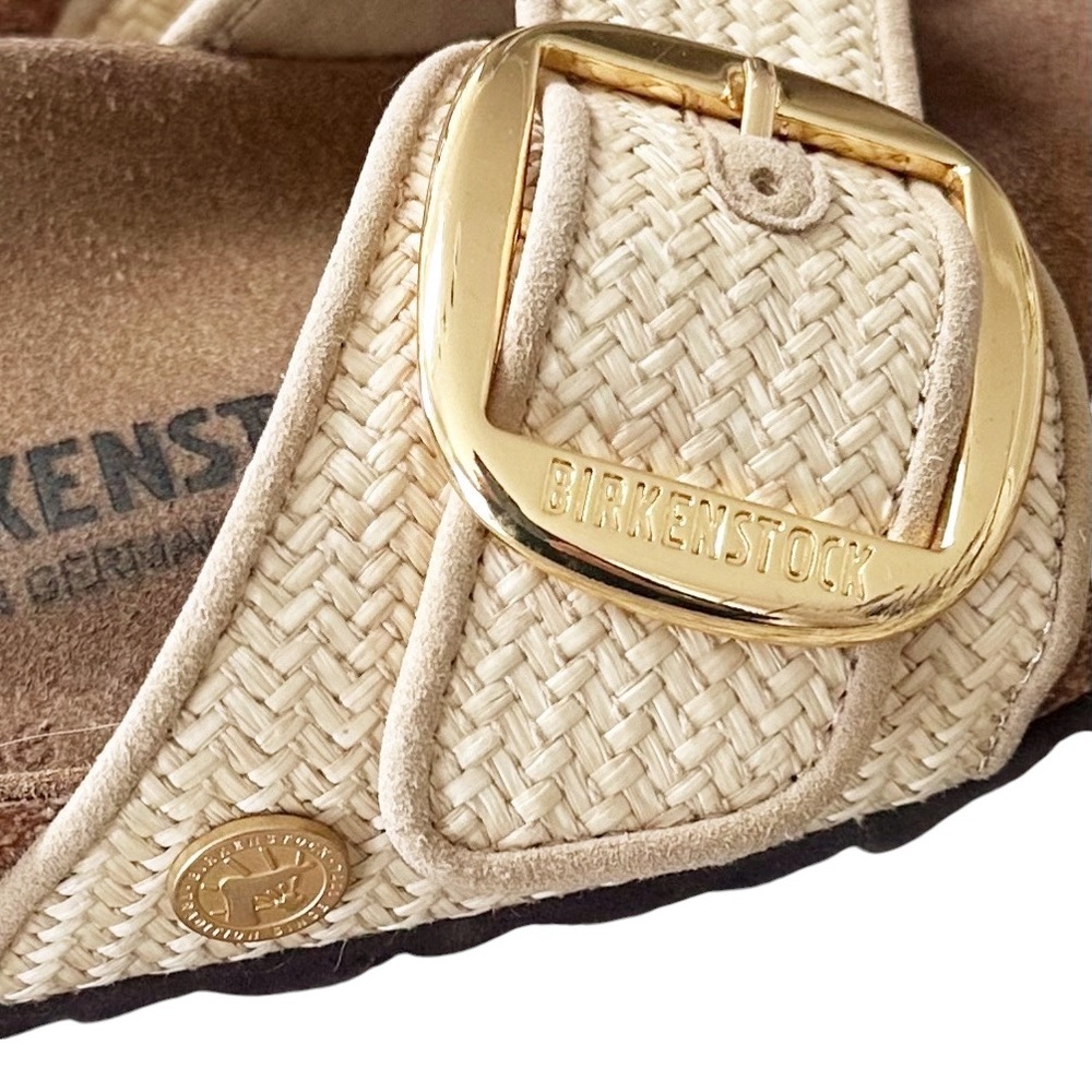 Birkenstock Cream Raffia Single-Strap Slide Sandals with Gold Buckle Detail. - Picture 5 of 13